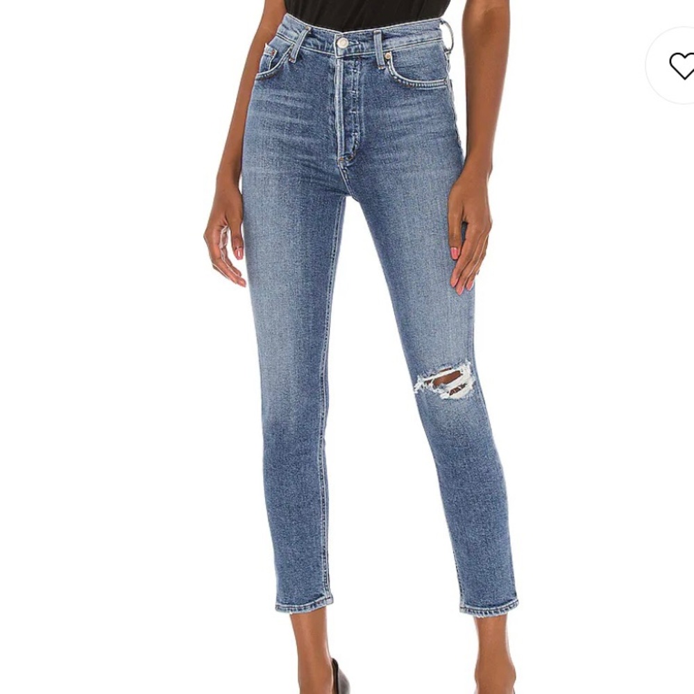 AGOLDE High rise distressed straight slim denim jeans medium blue